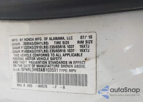 2010 Honda Odyssey Ex-L from USA, damaged, VIN 5FNRL3H62AB103531
